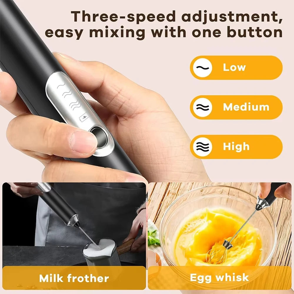 Wireless Electric Milk Coffee Mixer 3-Speed USB Charging Egg Beater for Latte Cappuccino Hot Chocolate Foam Maker